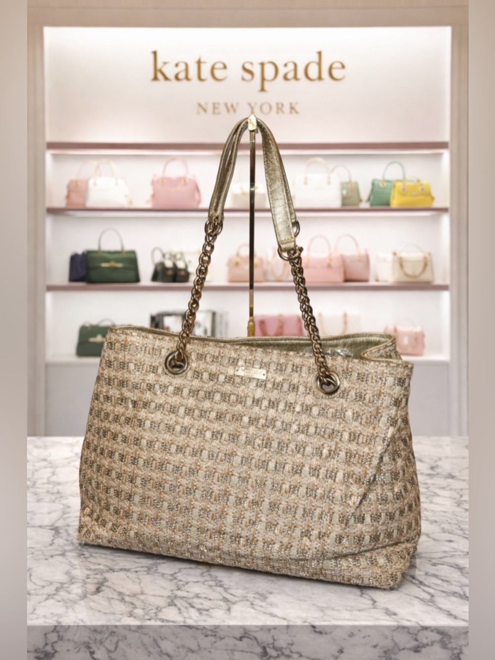 Gorgeous Kate Spade ♠️ Gold metallic Tweed Chain-Handle Shoulder Bag chain strap